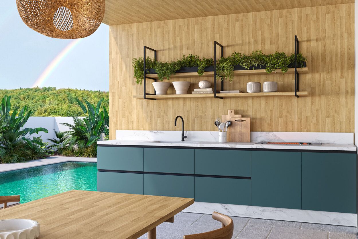 Cozinha que contém alguns produtos da coleção Horizontes. Ao fundo, um armário e pia, com algumas plantas na parte superior.